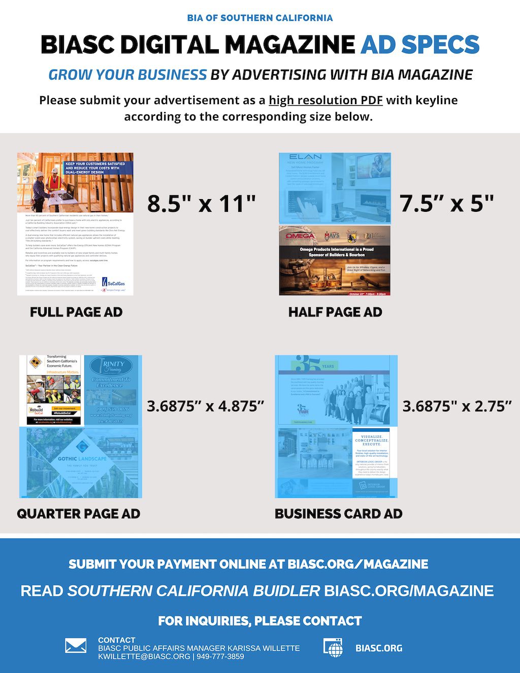 BIASC Digital Magazine ad specs displaying dimensions for full page, half page, quarter page, and business card ads.